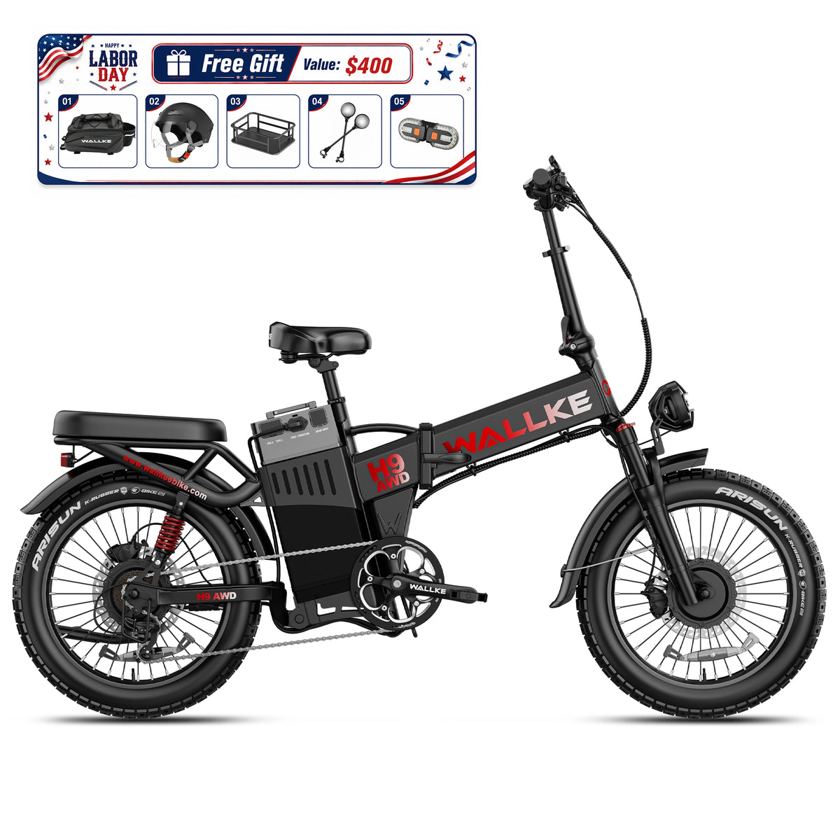 WALLKE H9 Series | AWD Folding E-Bike with Torque Sensor, 37mph Speed, 40/55/77Ah Battery Options