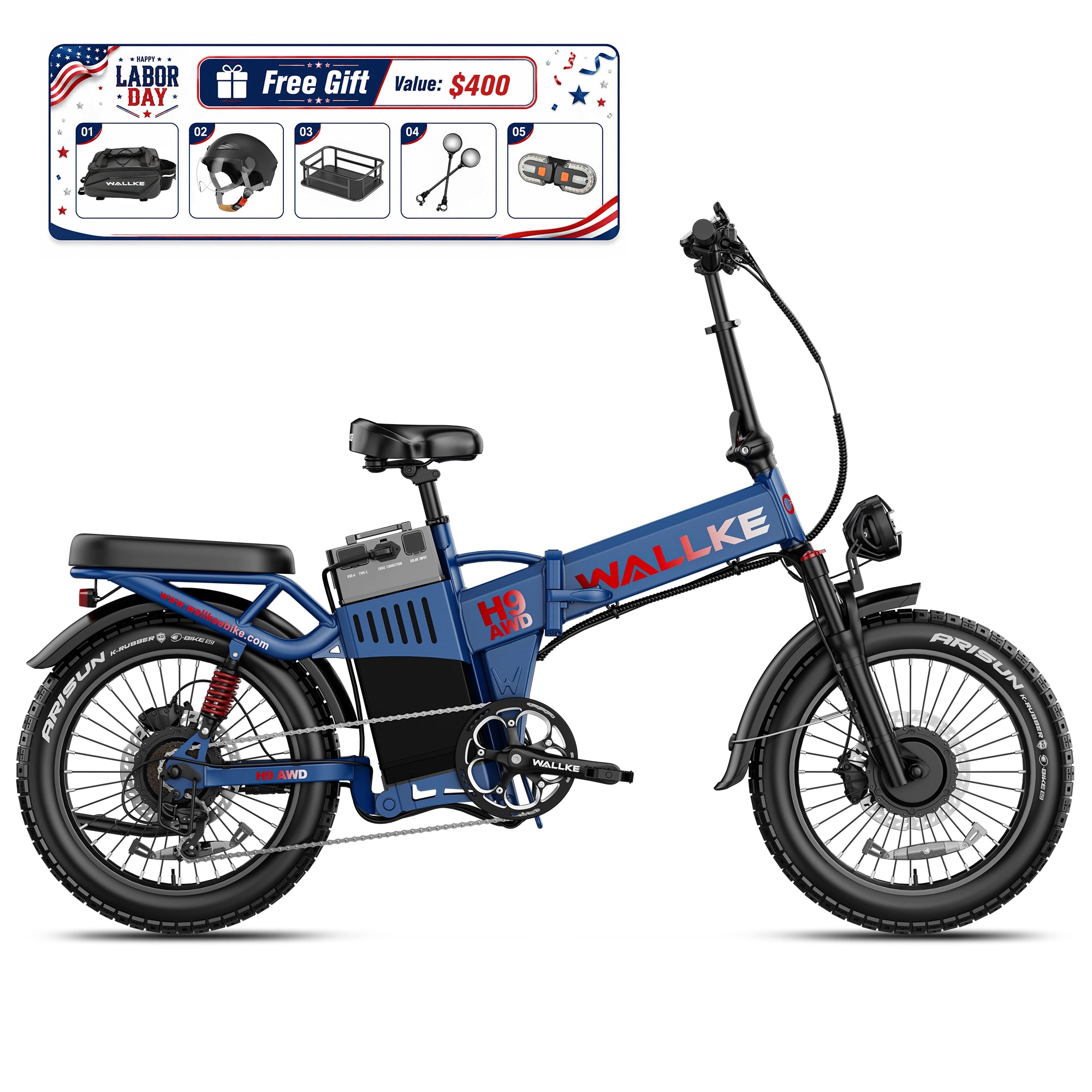 2027 WALLKE H9 Ultra AWD Folding | Off-Grid Power Station E-Bike with Torque Sensor, 37mph Speed, 55/77Ah Battery Options