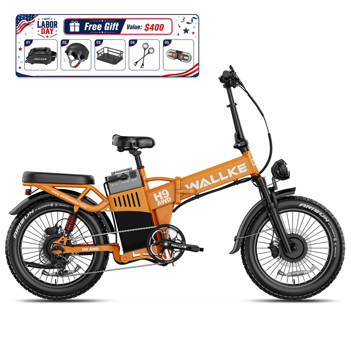 WALLKE H9 Series | AWD Folding E-Bike with Torque Sensor, 37mph Speed, 40/55/77Ah Battery Options