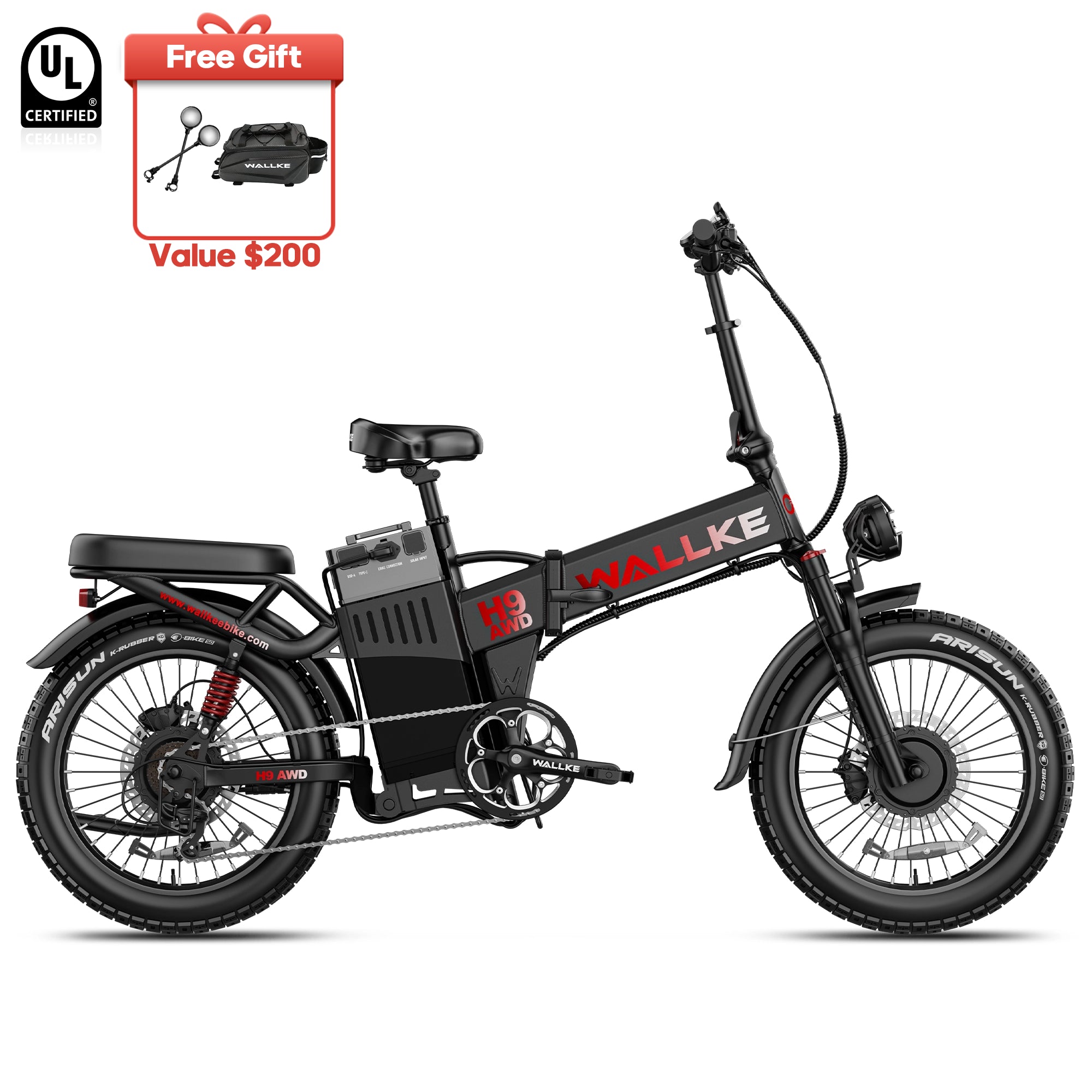2026 WALLKE H9 Ultra AWD Folding | Off-Grid Power Station E-Bike with Torque Sensor, 37mph Speed, 55/77Ah Battery Options