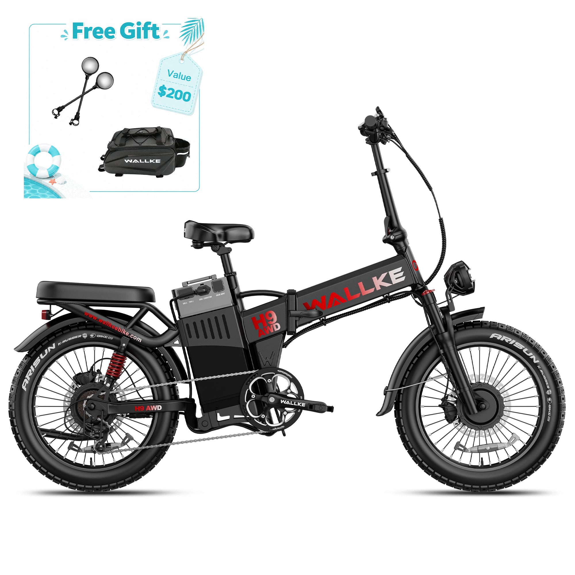 WALLKE H9 Series | AWD Folding Off-Grid Power Station E-Bike with Torque Sensor, 37mph Speed, 55/77Ah Battery Options