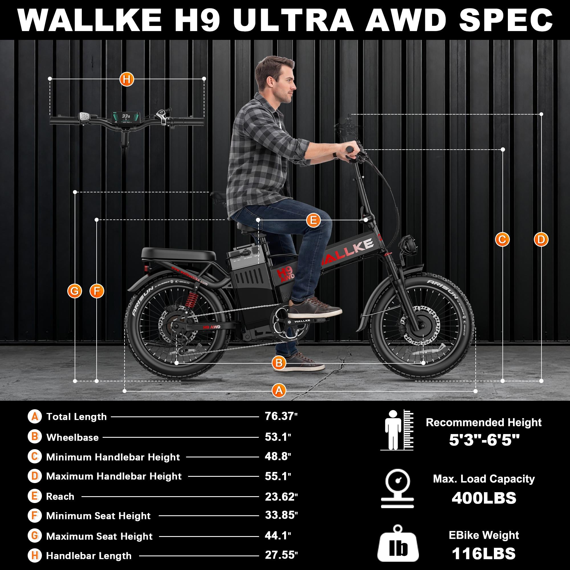 WALLKE H9 Series | AWD Folding Off-Grid Power Station E-Bike with Torque Sensor, 37mph Speed, 55/77Ah Battery Options