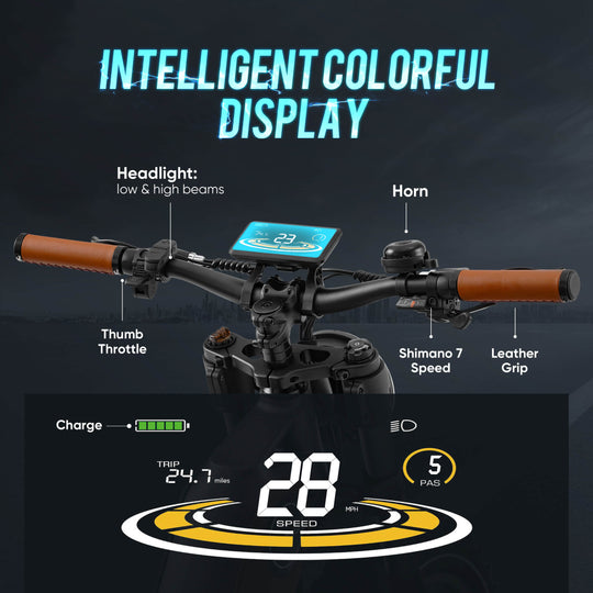 Wallke Eahora P5 E-bike smart display will give us all the important parameters: speed, mileage, ride time, motor, ODO, battery level and power assist. It has a brightness sensor that detects ambient light and adjusts the brightness of the display accordingly, which makes reading easier while driving