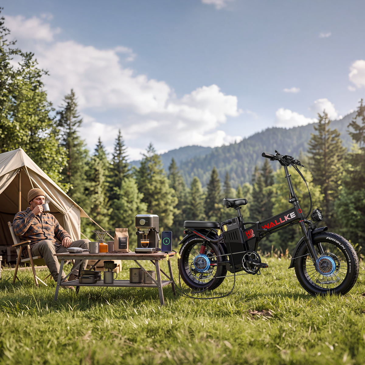 Wallke H9 Ultra AWD folding off-grid electric bike at a campsite
