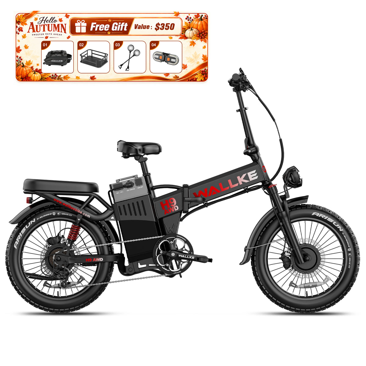 WALLKE H9 Series | AWD Folding E-Bike with Torque Sensor, 37mph Speed, 40/55/77Ah Battery Options
