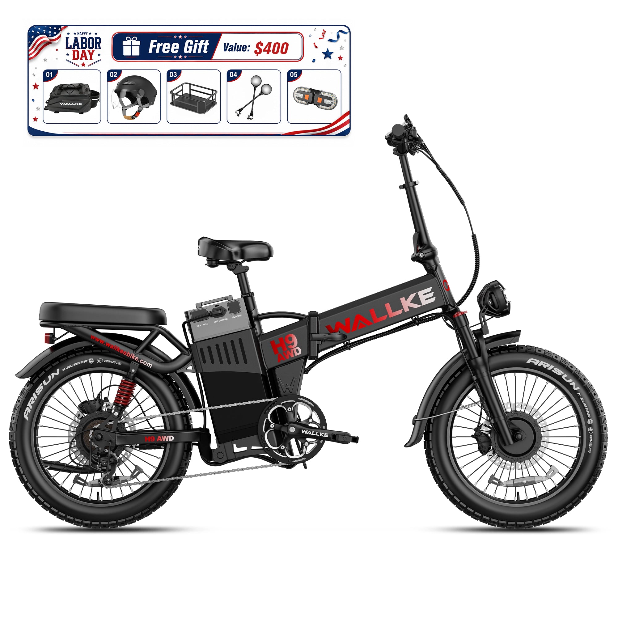 WALLKE H9 Series | AWD Folding E-Bike with Torque Sensor, 37mph Speed, 40/55/77Ah Battery Options
