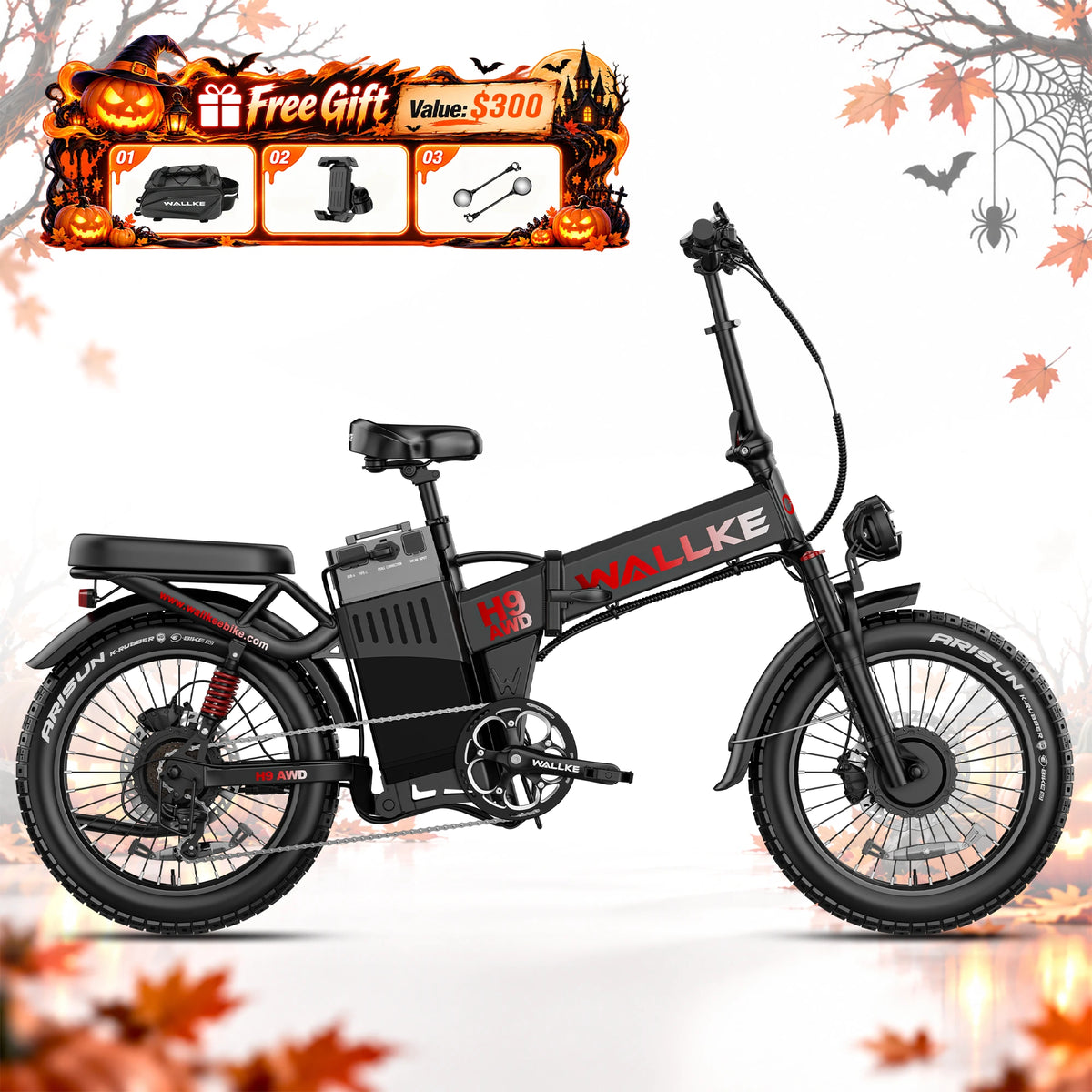 WALLKE H9 Series | AWD Folding E-Bike with Torque Sensor, 37mph Speed, 40/55/77Ah Battery Options