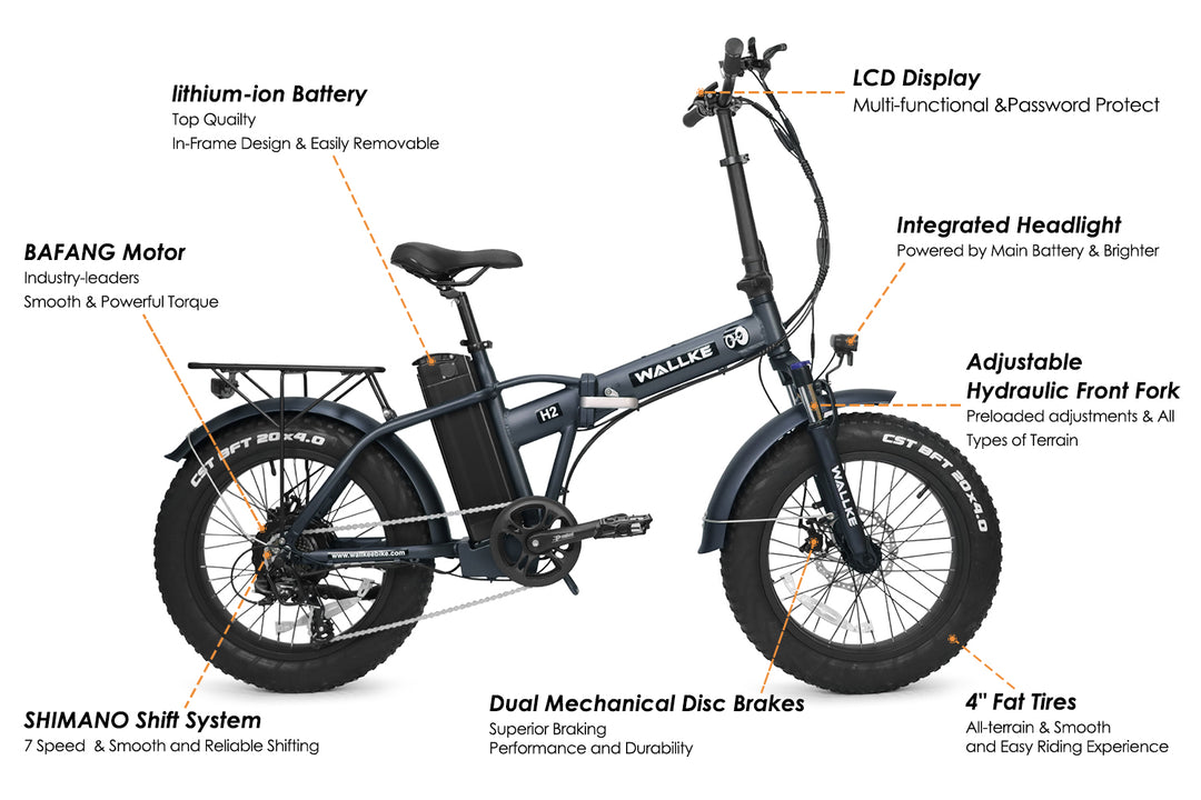 Wallke e-biek h2 is equipped with a very powerful hub motor. 5 levels of variable assist along with a 22A speed controller mean you can always find the most efficient pedal level and power throughout the stroke. Great for the city, beach or trail