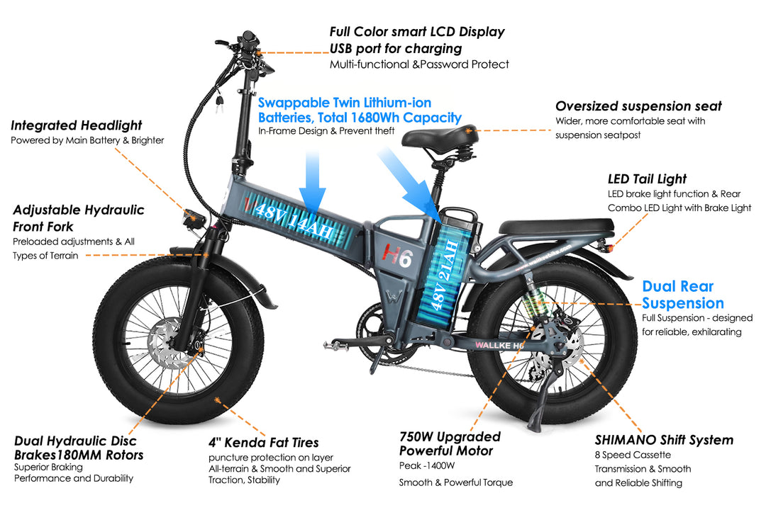Wallke E-bike H6-folding bicycle, equipped with shock absorption and front fork function, make your riding more comfortable and safe